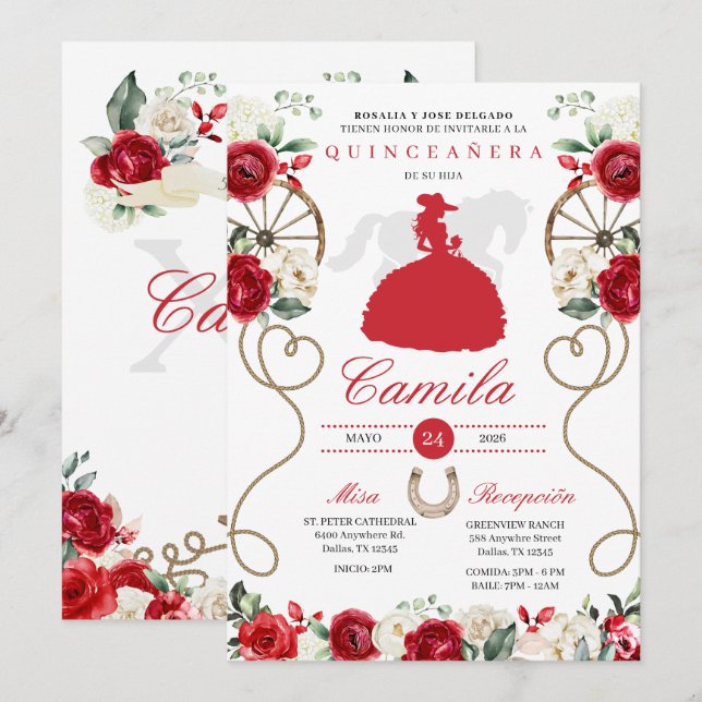 Invitation Roses rouges Ouest Mariachi Charro Quinceañera (Devant / Derrière)