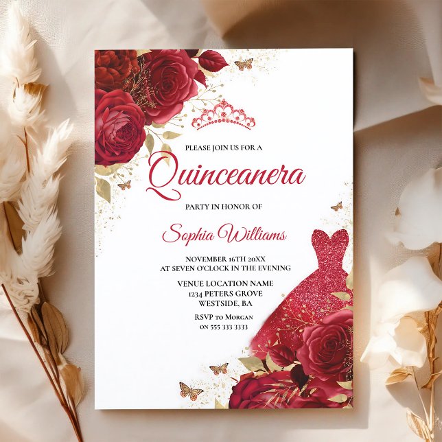 Invitation Roses Rouges Pailletées Quinceanera (Créateur téléchargé)