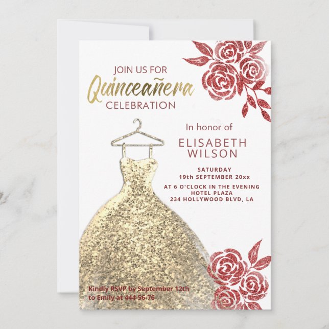 Invitation Roses rouges paillettes d'or robe Quinceañera (Devant)
