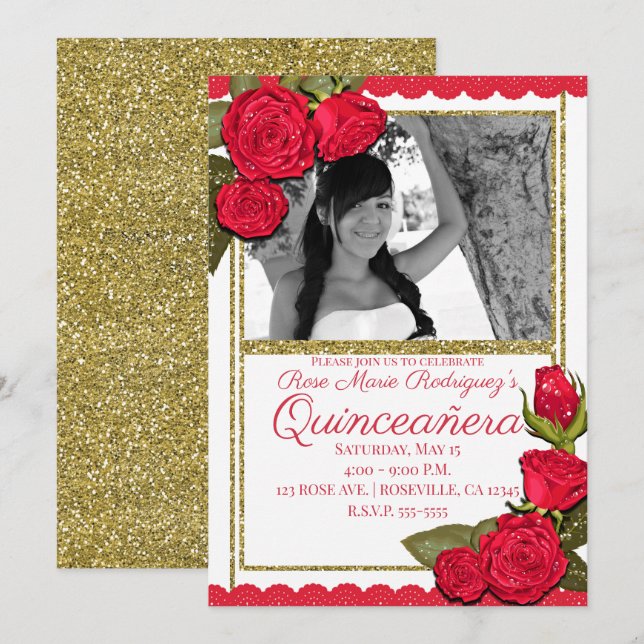 Invitation Roses Rouges Paillettes Dorées Fête de Quinceañera (Devant / Derrière)