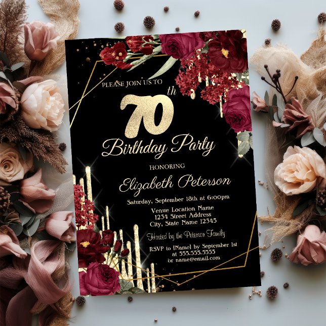 Invitation Roses Rouges Paillettes Gouttes Noire 70e Annivers (Créateur téléchargé)