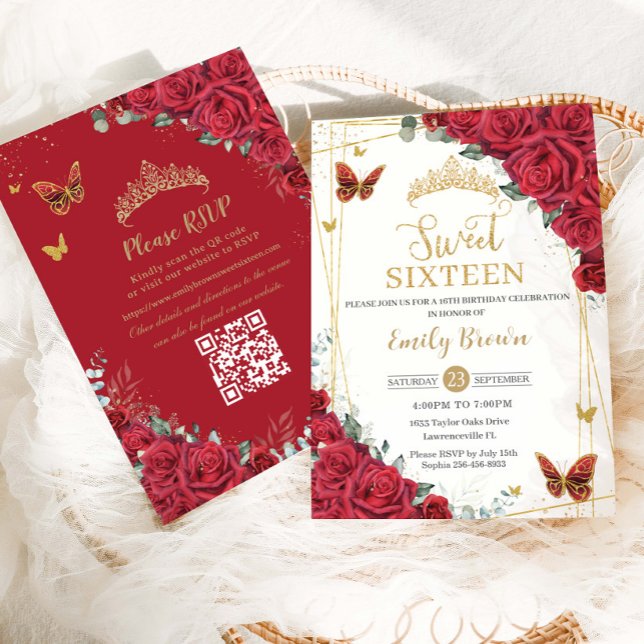 Invitation Roses Rouges Papillons Dorés Sweet Seize QR RSVP (Créateur téléchargé)