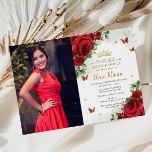 Invitation Roses rouges Papillons floraux Quinceañera Sweet 1