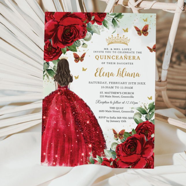 Invitation Roses rouges Papillons floraux Quinceañera Sweet 1 (Créateur téléchargé)