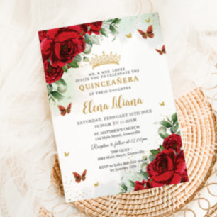Invitation Roses rouges Papillons floraux Quinceañera Sweet 1
