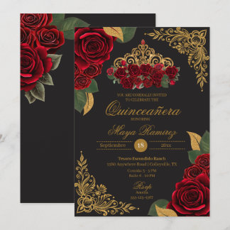 Invitation Roses rouges Parties scintillant d'or noir Tiara Q