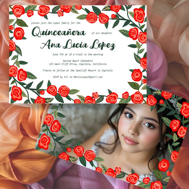 Invitation Roses rouges PERSONNALISÉ Photo Quinceañera (Red Roses CUSTOM Photo Quinceañera Invitation
)
