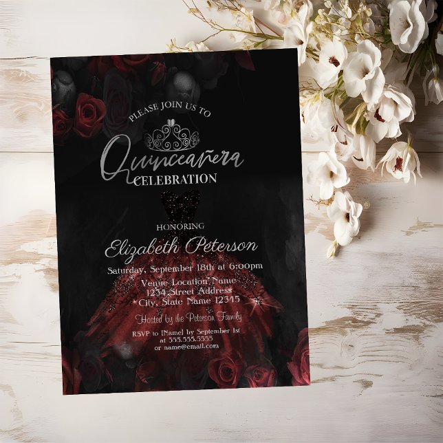 Invitation Roses Rouges Quinceañera, Argent Tiara, Roses Roug (Créateur téléchargé)