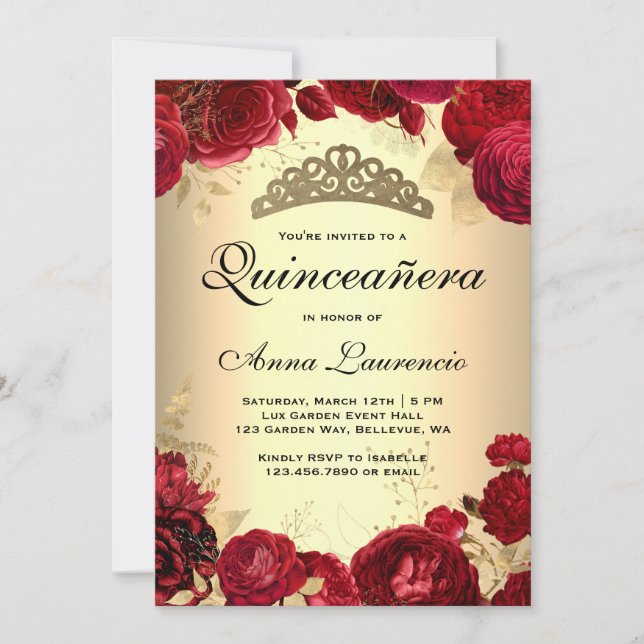 Invitation Roses rouges Quinceanera or (Devant)