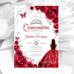 Invitation Roses rouges Quinceanera robe Argent