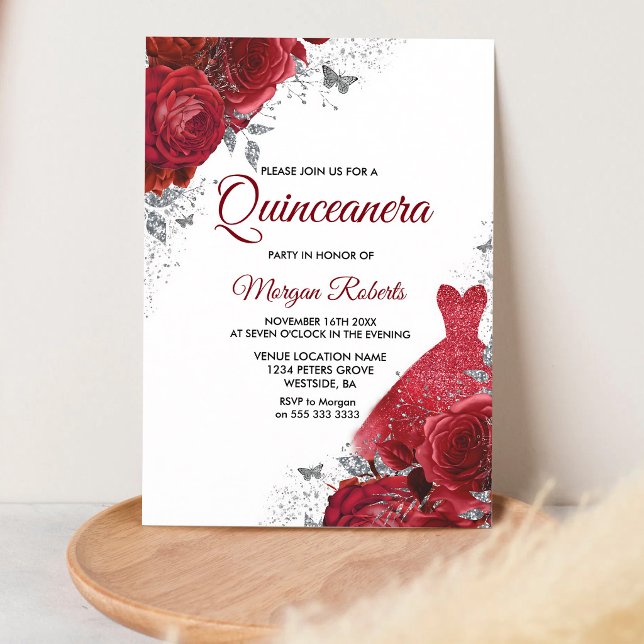 Invitation Roses Rouges Robe Argentée Quinceanera (Créateur téléchargé)
