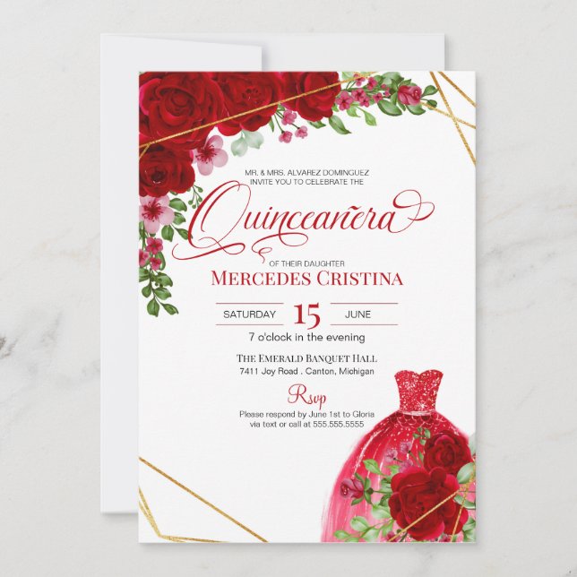 Invitation Roses rouges & Robe de Parties scintillant Glamour (Devant)