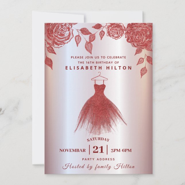 Invitation Roses rouges robe Parties scintillant moderne swee (Devant)