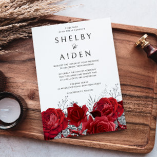 Invitation Roses rouges romantiques et Mariage d'argent
