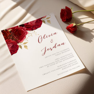 Invitation Roses rouges romantiques et Mariage d'or