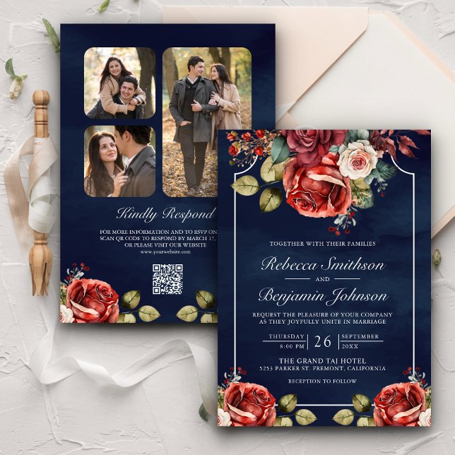 Invitation Roses Rouges Romantiques Floral Code QR Mariage Na (Créateur téléchargé)
