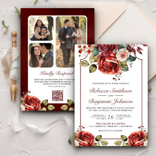 Invitation Roses rouges romantiques Floral Photo QR Code Mari