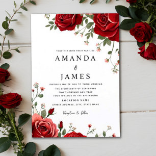 Invitation Roses rouges romantiques Monogramme Mariage floral