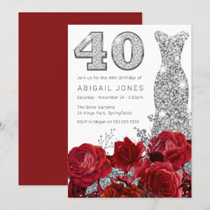Invitation Roses rouges romantiques Roses argentées 40e anniv