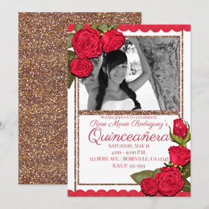 Invitation Roses rouges rose gold paillettes Quinceañera anni