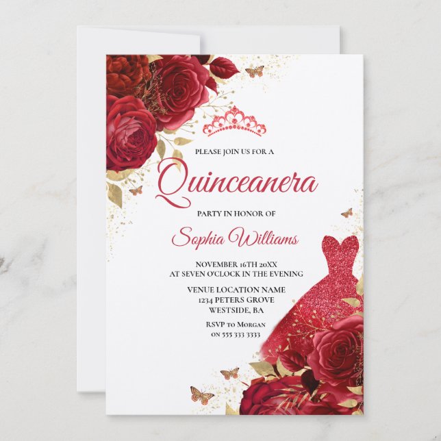 Invitation Roses rouges Roses étincelantes Shimmer Quinceaner (Devant)