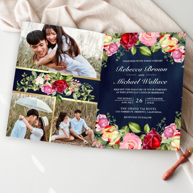 Invitation Roses Rouges Roses Roses Code QR Bleu Nuit Mariage (Créateur téléchargé)