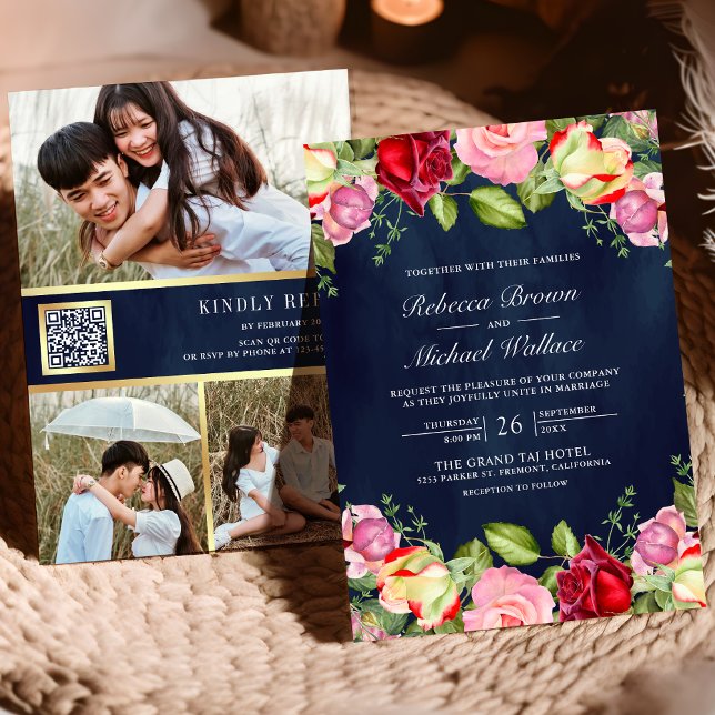 Invitation Roses Rouges Roses Roses Code QR Bleu Nuit Mariage (Créateur téléchargé)