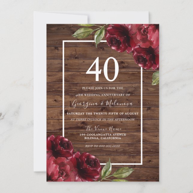 Invitation Roses rouges rustiques romantiques 40e anniversair (Devant)