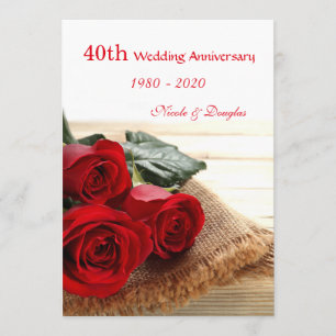 Invitation Roses rouges sur bois 40e anniversaire Mariage Inv