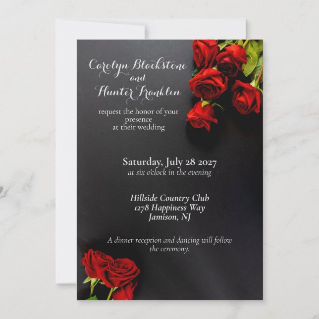 Invitation Roses Rouges sur Mariage Élégant Noir (Devant)