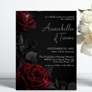 Invitation Roses Rouges sur Mariage Floral Gothique Noir et S