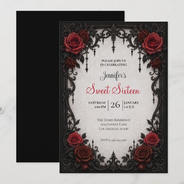 Invitation Roses Rouges Sweet 16 Anniversaire (Devant / Derrière)