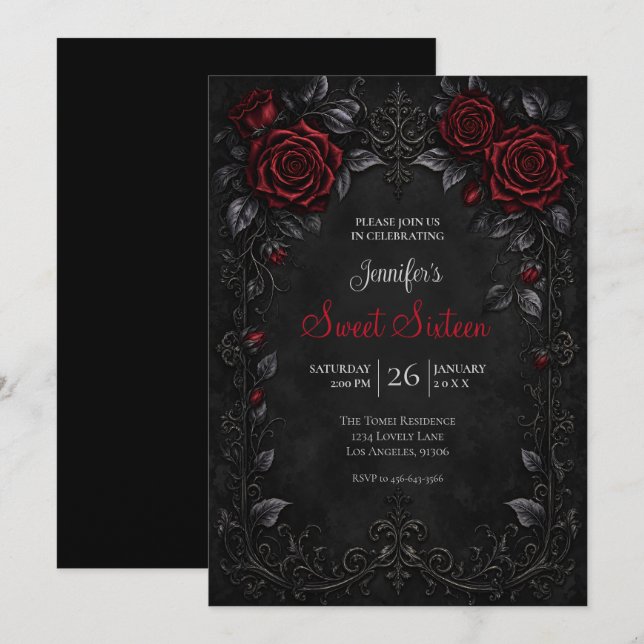 Invitation Roses Rouges Sweet 16 Anniversaire (Devant / Derrière)