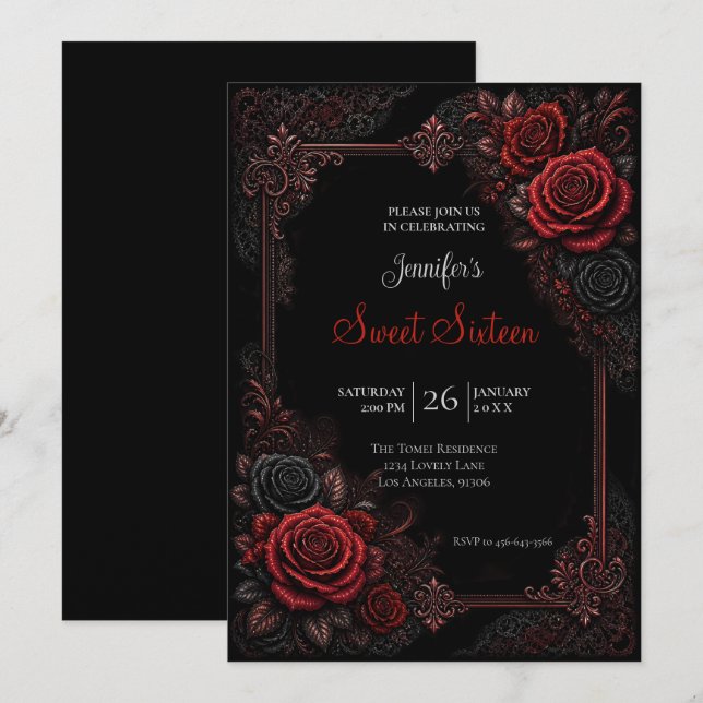 Invitation Roses Rouges Sweet 16 Anniversaire (Devant / Derrière)