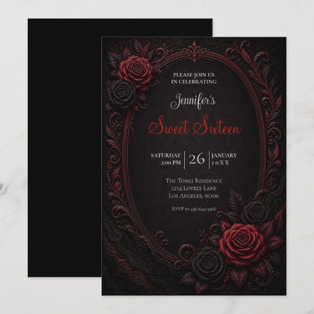 Invitation Roses Rouges Sweet 16 Anniversaire (Devant / Derrière)