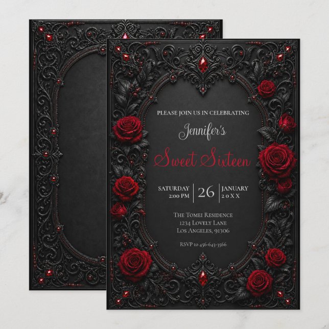 Invitation Roses Rouges Sweet 16 Anniversaire (Devant / Derrière)