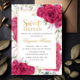 Invitation Roses rouges Sweet sixteen floral 16 Anniversaire