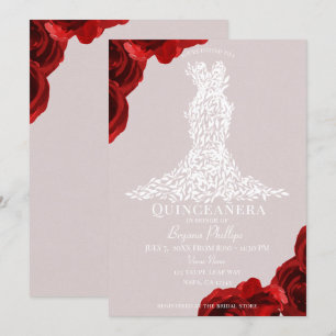 Invitation Roses rouges taupe feuilles blanches robe Quinceañ