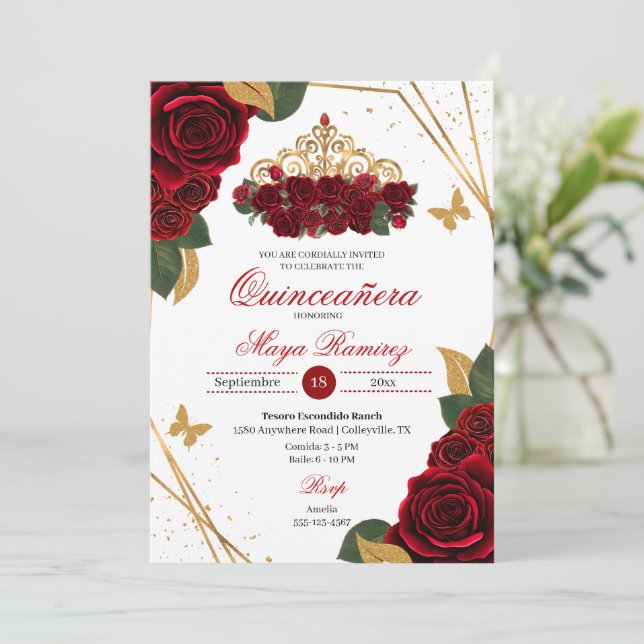 Invitation Roses rouges Tiara Gold Parties scintillant Quince (Debout devant)
