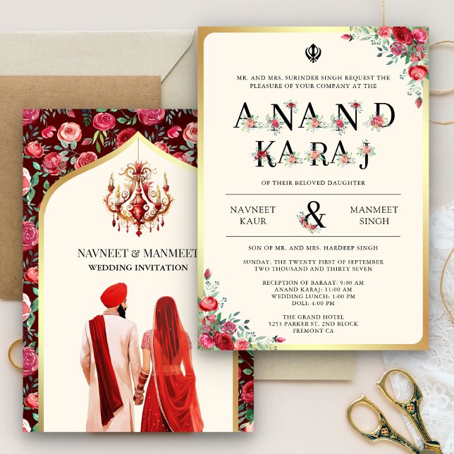 Invitation Roses Rouges Typographie Anand Karaj Mariage Sikh (Créateur téléchargé)