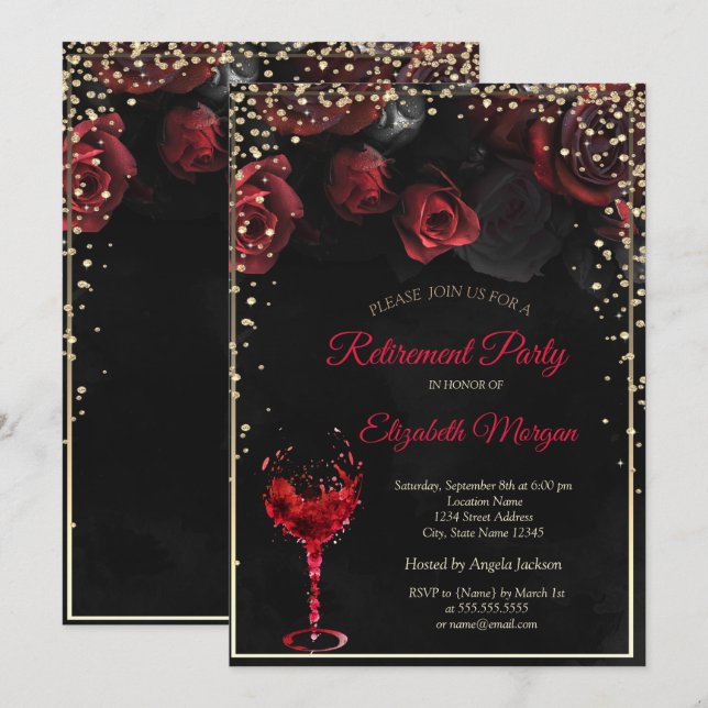 Invitation Roses rouges, Verre à vin, partie de retrait (Devant / Derrière)