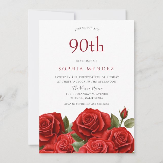 Invitation Roses rouges vibrantes 90e fête d'anniversaire (Devant)