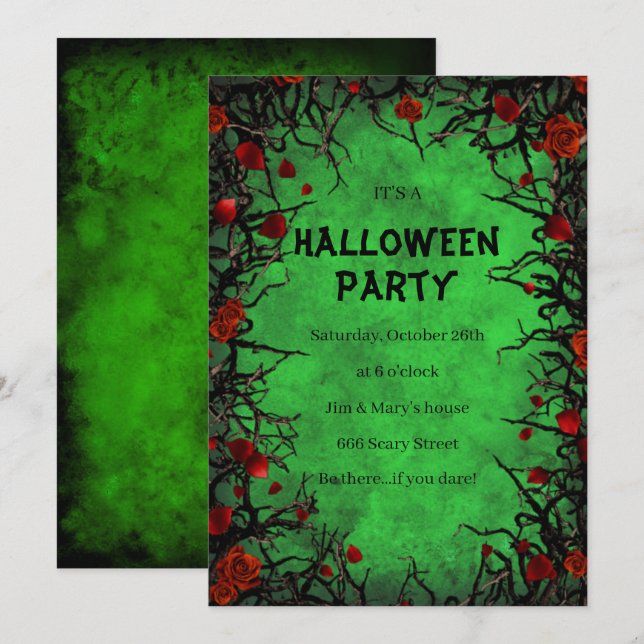 Invitation Roses Rouges Vignes Noires Parchemin Vert Hallowee (Devant / Derrière)
