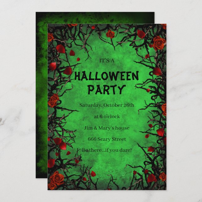 Invitation Roses rouges Vins noirs Parchemin vert Halloween (Devant / Derrière)
