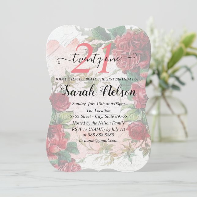 Invitation Roses rouges Vintage 21 Anniversaire (Debout devant)