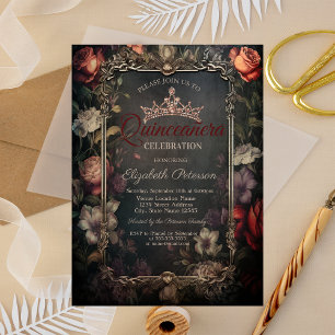 Invitation Roses rouges vintages Bandes gothiques Quinceañera