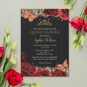 Invitation Roses rouges vintages dentelle d'or noir Quinceañe