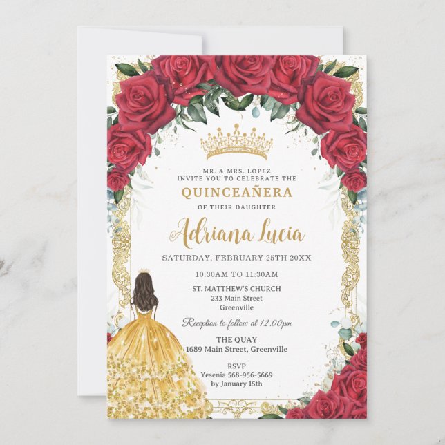 Invitation Roses rouges vintages Roses jaunes Roses Quinceañe (Devant)