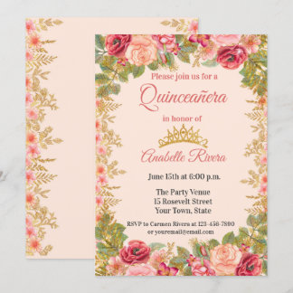 Invitation Roses Rougissantes aux Feuilles Dorées Quinceañera
