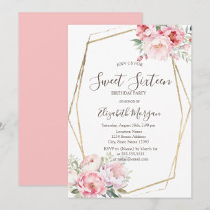 Invitation Roses Rougissantes Cadre Doré Sweet 16